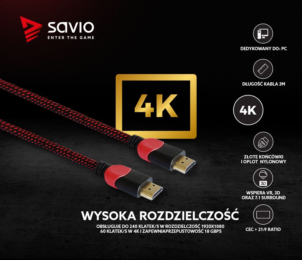 Kabel HDMI 2.0 dedykowany do PC czerwono-czarny 3 m, GCL-04